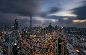 Cityscape of the Dubai, United Arab Emirates, with the Burj Khalifa and other skyscrapers under a
